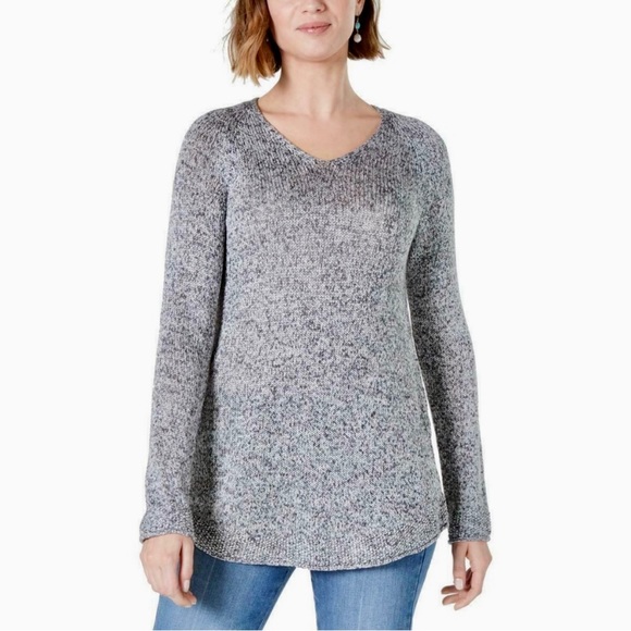 NWT XL Style & Co. Black White V Neck Ribbed Trim Boho Retreat Sweater - Picture 2 of 9